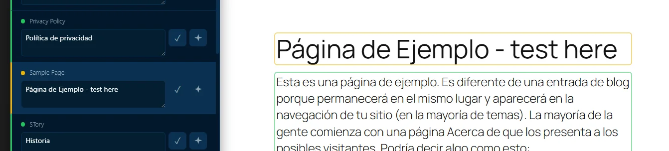 So you can edit a translation yourself, click on it. Validate. It becomes orange to show you that the translation was done manually.